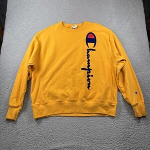 Vintage Champion Reverse Weave Sweatshirt Mens XL Yellow Crewneck Logo Spellout